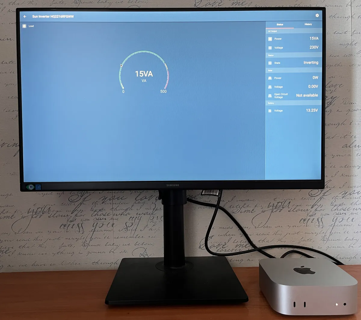 Mac mini M4 and monitor running on the Victron inverter + LiFePO4 battery setup